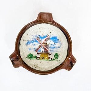 Pottery Holland Dutch Windmill Ashtray Brown Cream 5” Vintage